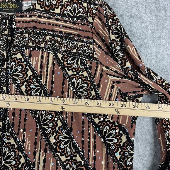 Bob Mackie Jersey Top Womens XL Brown Printed Sequins Button Front Stretch Artsy - Picture 7 of 16